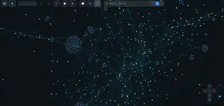 IVGraph dense 3D knowledge graph top view with hundreds of interconnected Notion database nodes