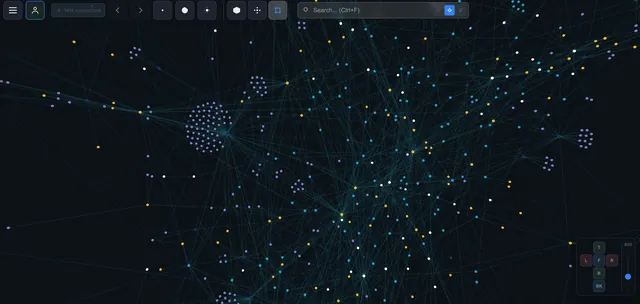 Dense knowledge graph top view with hundreds of interconnected nodes