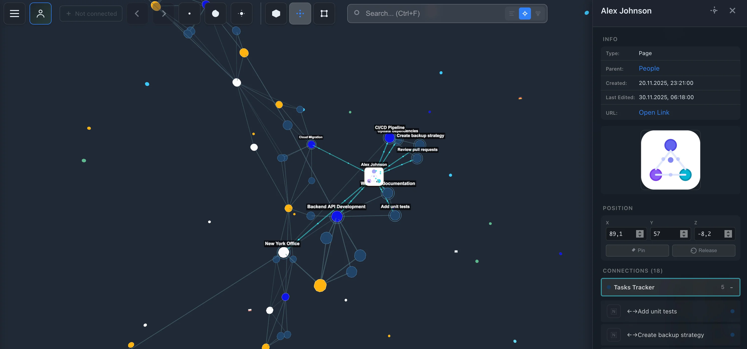 IVGraph node details panel showing page info, connections count, and linked tasks