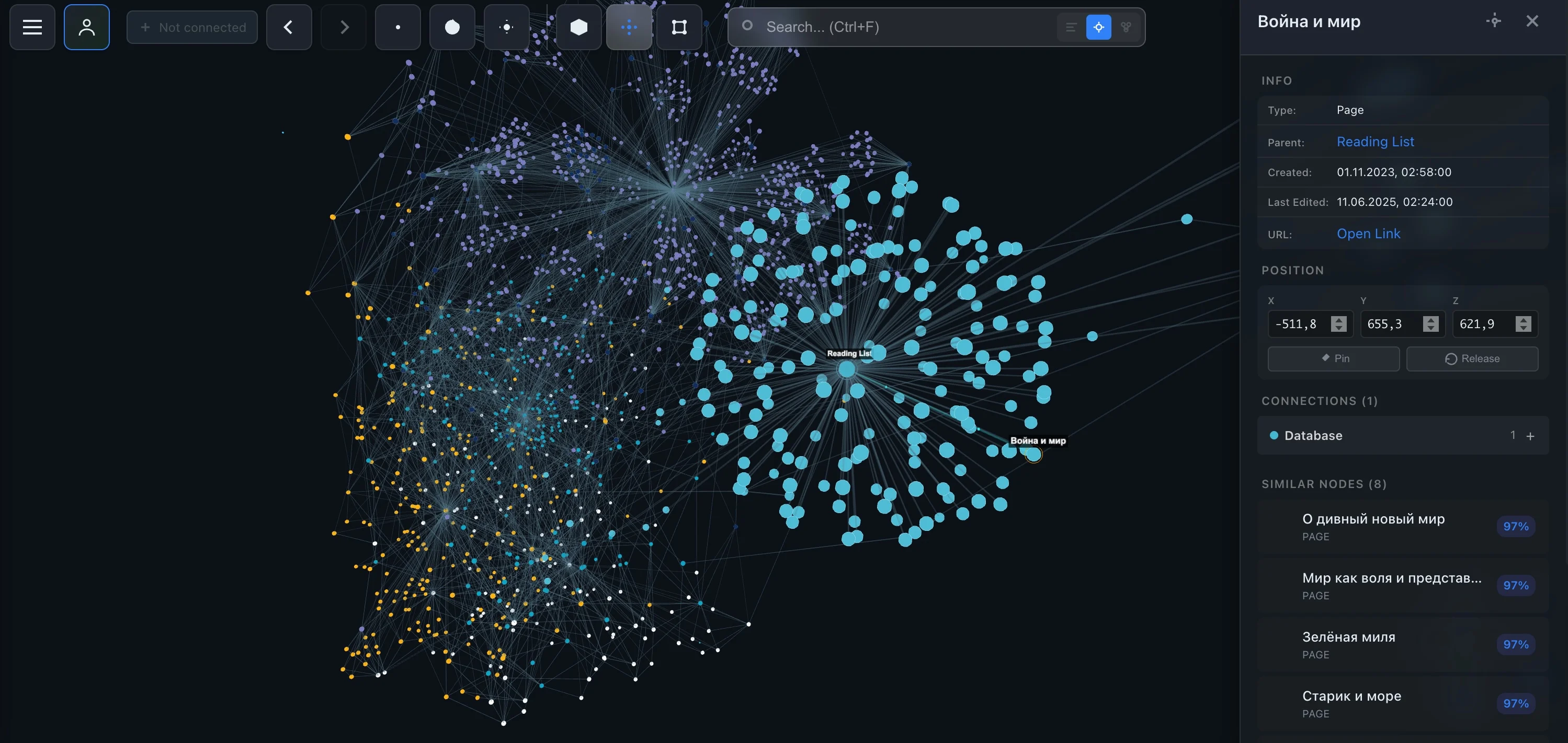 IVGraph reading list cluster with book pages and similar nodes recommendations