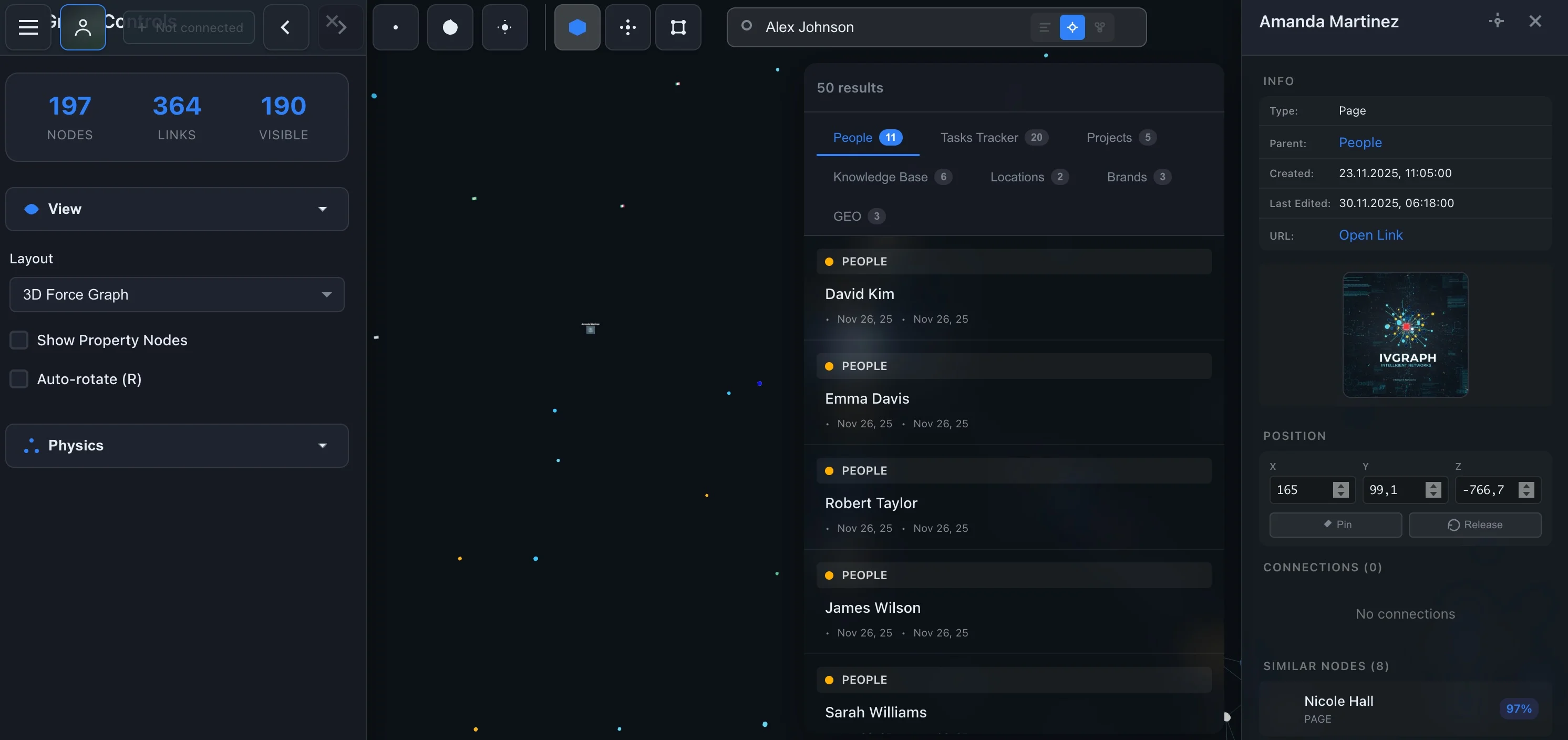 IVGraph smart search with categorized results showing People, Tasks, Knowledge Base tabs
