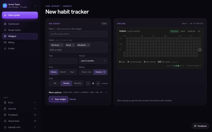 Editor de widgets na conta IVGraph: configurações do rastreador de hábitos e uma prévia do widget em tempo real