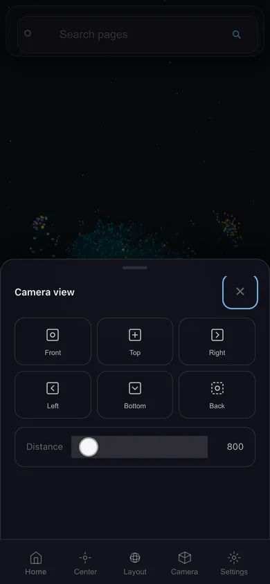 Camera views on a phone: front, top, right, left, bottom and back, plus a distance slider