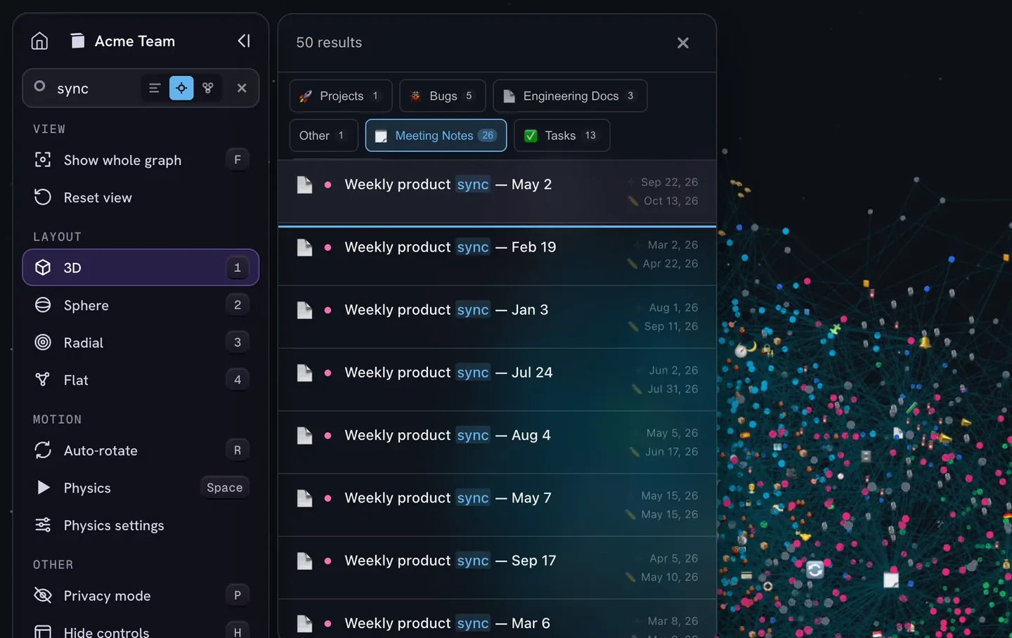 IVGraph search for “sync” across a Notion workspace: 50 results with filters by database