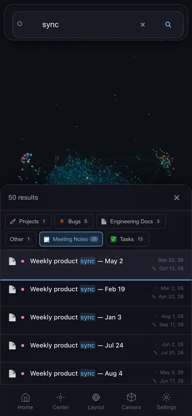Search on a phone: 50 results for “sync”, with filters by database