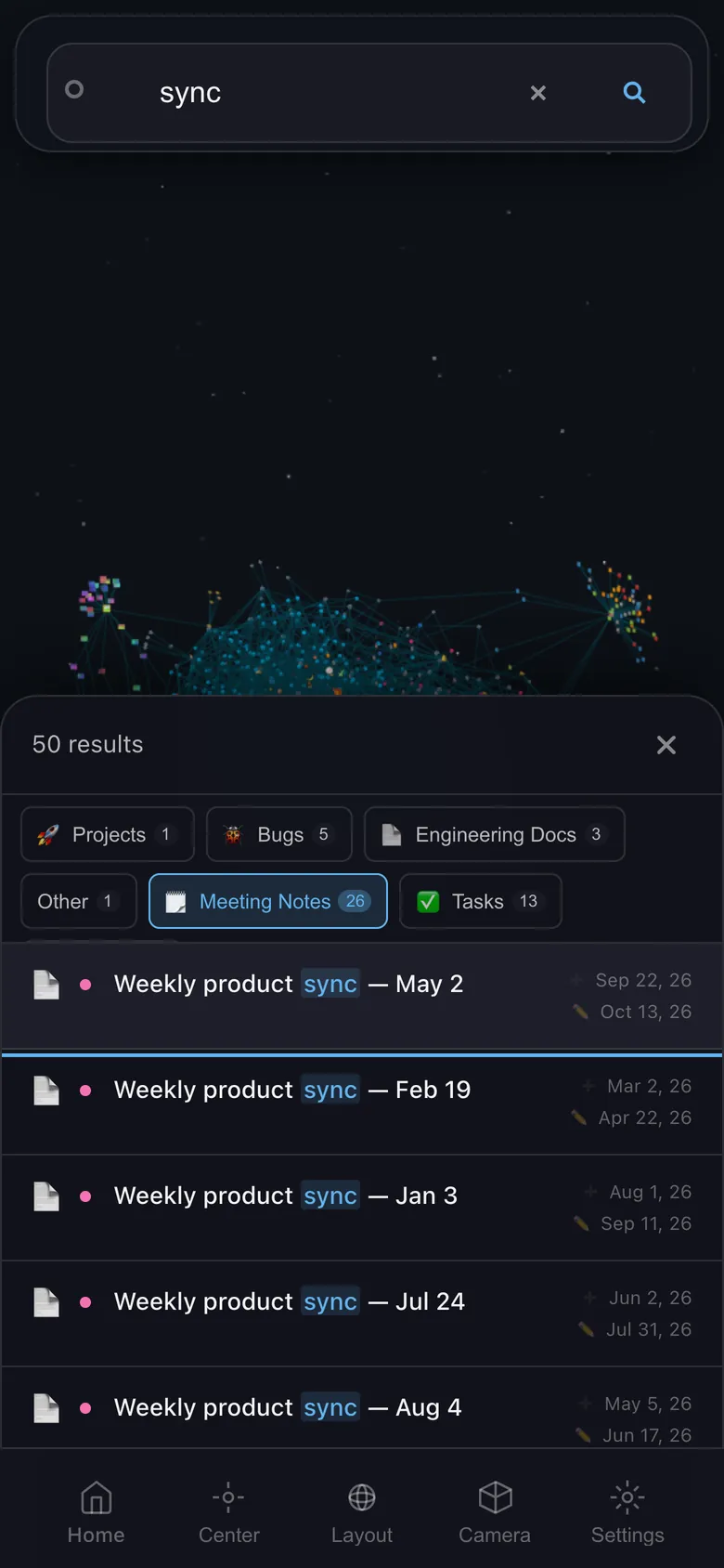IVGraph on a phone: search for “sync” with results grouped by database, and a bottom bar with Center, Layout, Camera and Settings