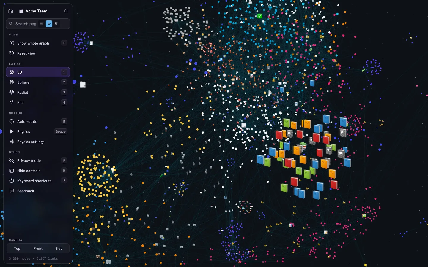 A Reading List database brought into focus as a cluster of book icons, with the whole workspace graph behind it