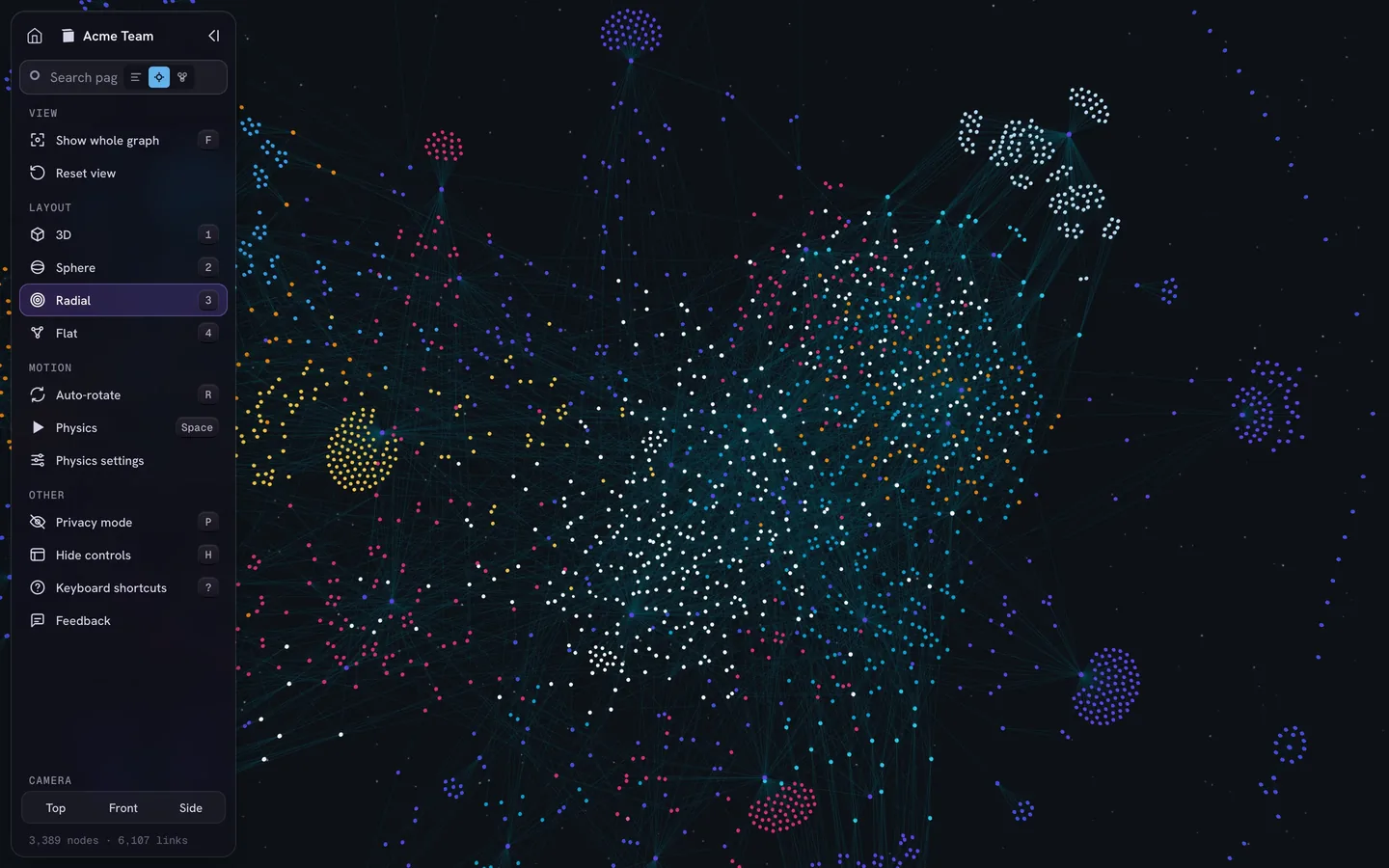 A Notion workspace in the IVGraph Radial view: a dense core of linked pages, with databases grouped around the edges