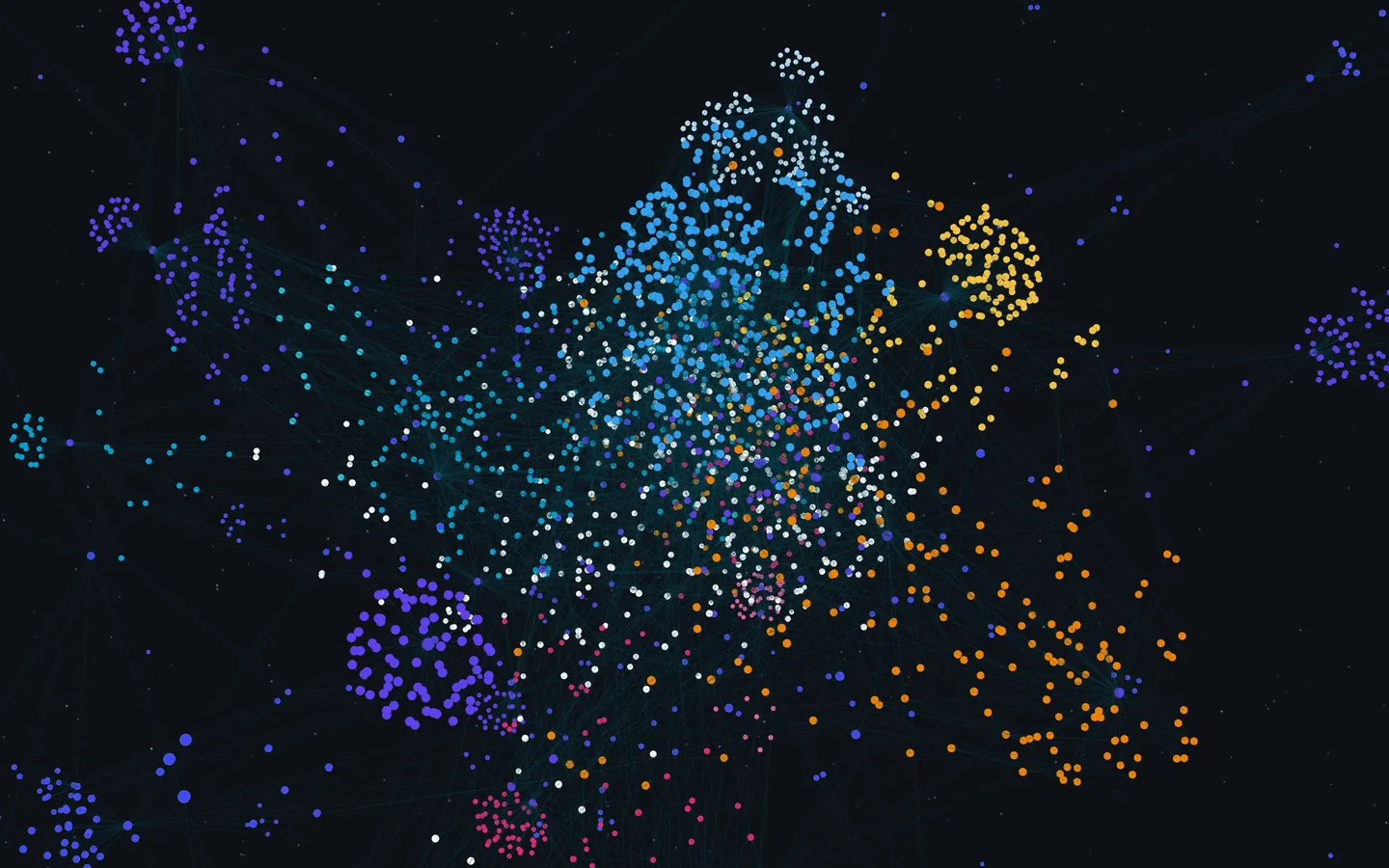 A whole Notion workspace in IVGraph: a dense core of linked pages, colored clusters and loose pages at the edges