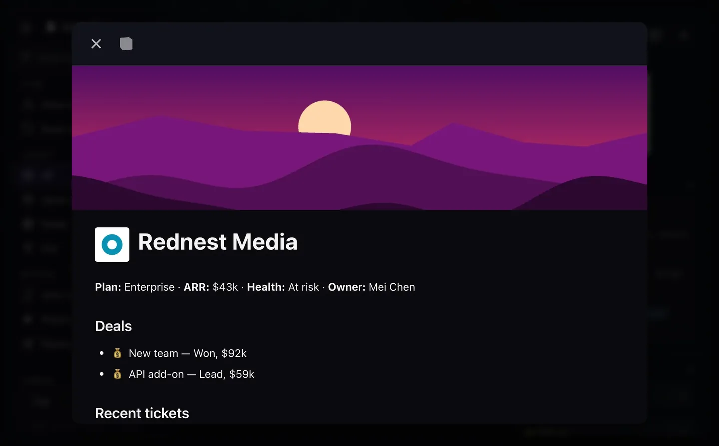 A customer page opened from the graph: cover, logo, plan, ARR, health and owner, with linked deals and tickets