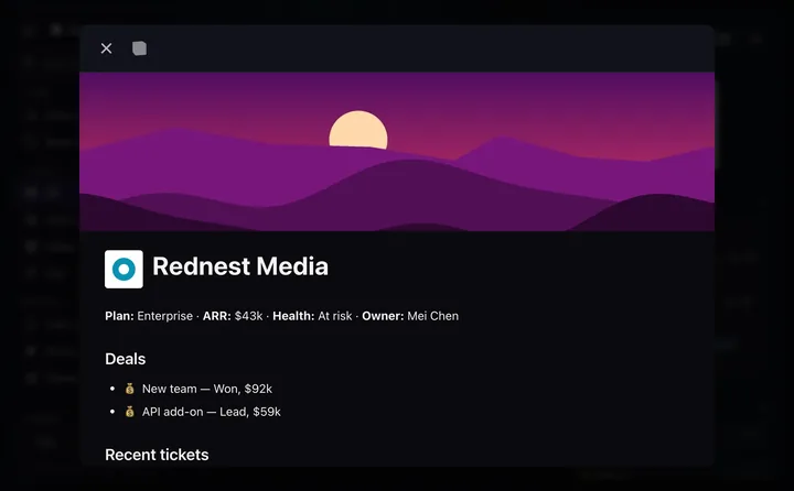 A customer page opened from the graph: logo, cover, plan, deals and recent tickets