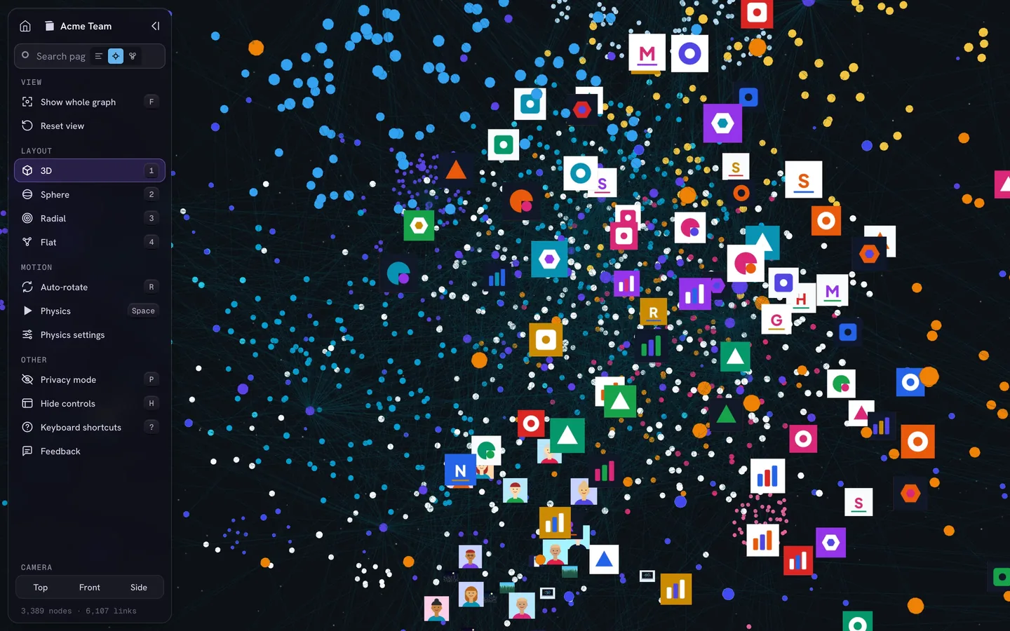 Images from Notion pages shown as nodes in the 3D graph: company logos and avatars among colored dots